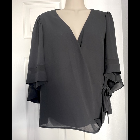 Chelsea28 Black Flutter Sleeve Wrap Blouse - Picture 2 of 7